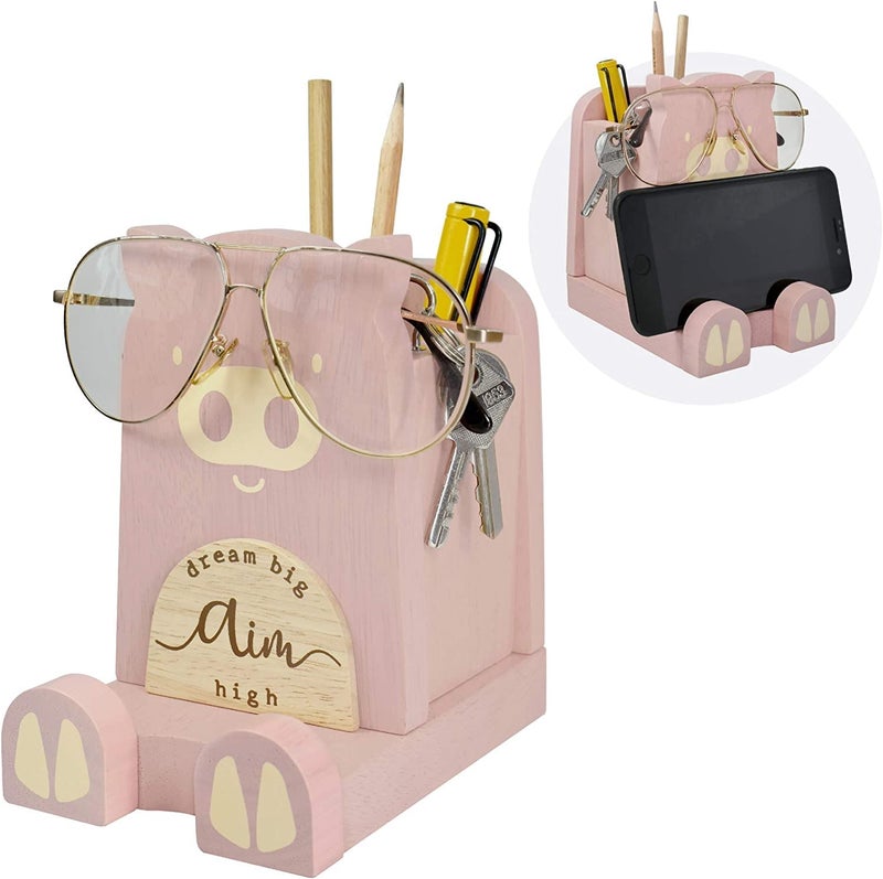 I'm Wood Multipurpose Eyeglass Phone Pen & Pig Pencil Holder Stand Stationery Desk Box Organizer Accessories Decor, Home Office Desktop Decoration Birthday Graduation Gifts â€œDream Big Aim Highâ€ (Piggy) - Image 1